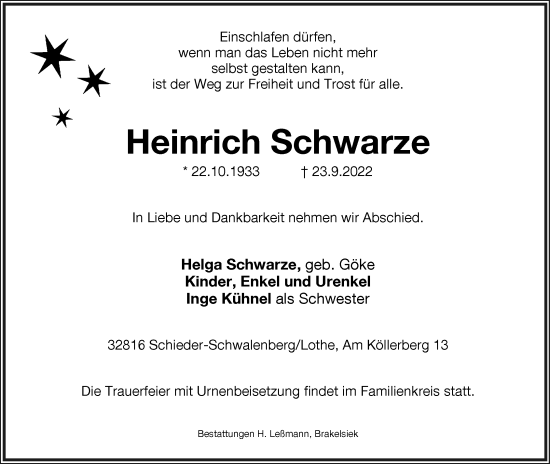 Anzeige  Heinrich Schwarze  Lippische Landes-Zeitung