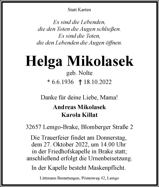Anzeige  Helga Mikolasek  Lippische Landes-Zeitung