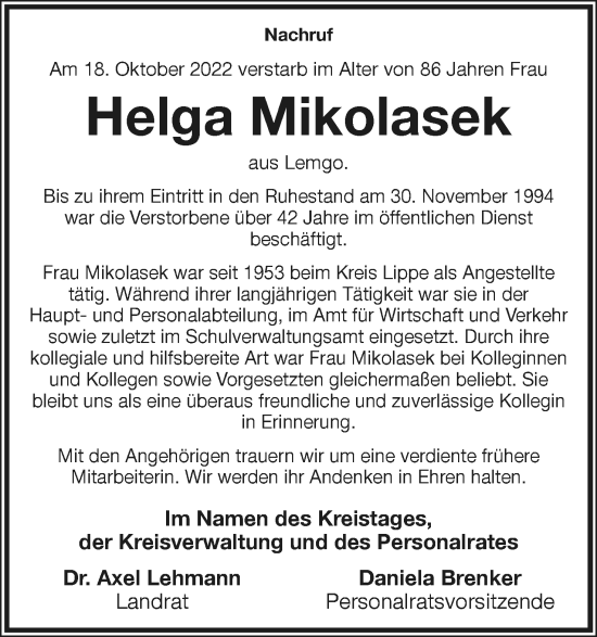 Anzeige  Helga Mikolasek  Lippische Landes-Zeitung