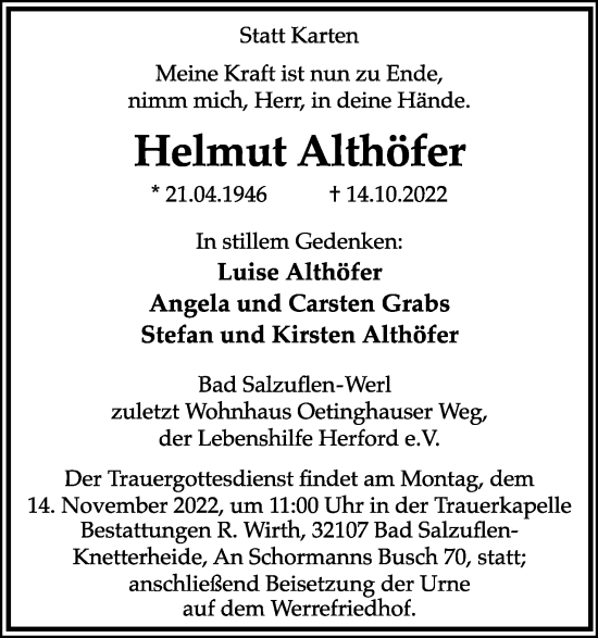Anzeige  Helmut Althöfer  Lippische Landes-Zeitung