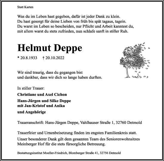 Anzeige  Helmut Deppe  Lippische Landes-Zeitung