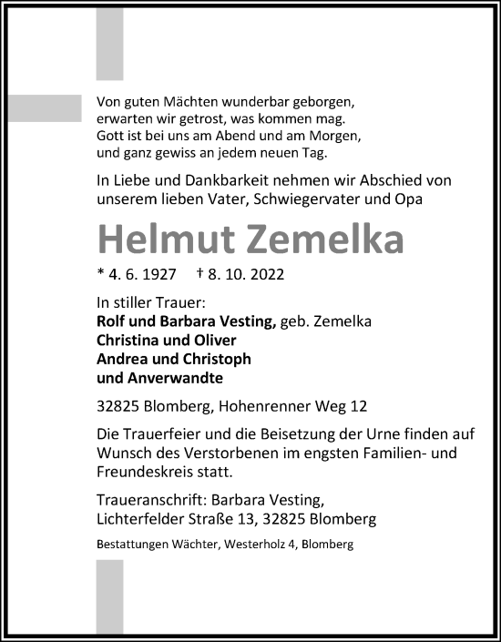 Anzeige  Helmut Zemelka  Lippische Landes-Zeitung