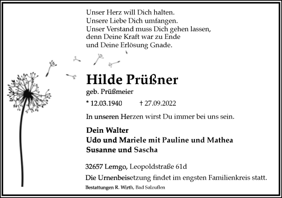 Anzeige  Hilde Prüßner  Lippische Landes-Zeitung