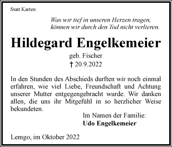 Anzeige  Hildegard Engelkemeier  Lippische Landes-Zeitung