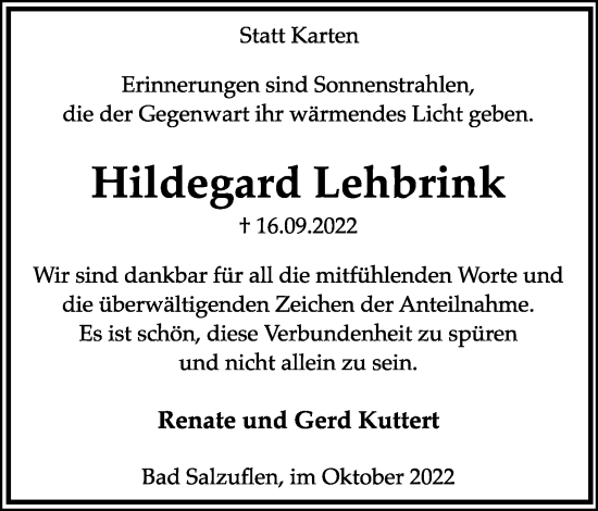 Anzeige  Hildegard Lehbrink  Lippische Landes-Zeitung