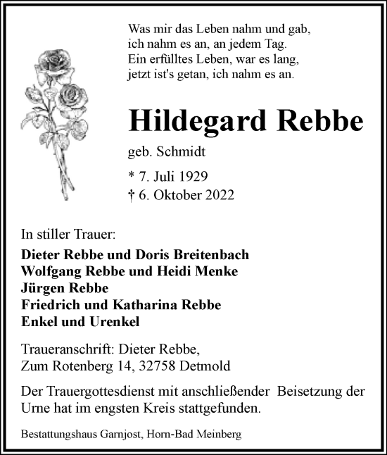 Anzeige  Hildegard Rebbe  Lippische Landes-Zeitung