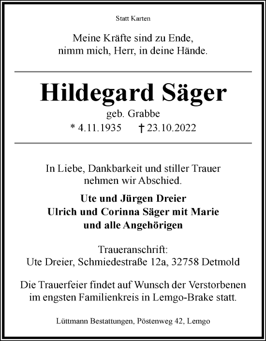Anzeige  Hildegard Säger  Lippische Landes-Zeitung