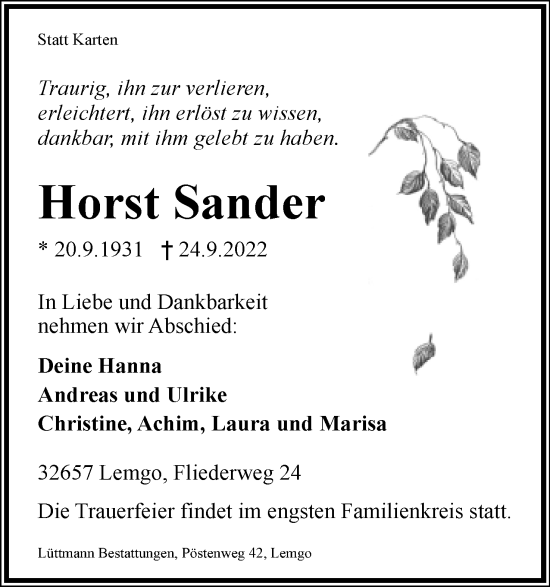 Anzeige  Horst Sander  Lippische Landes-Zeitung