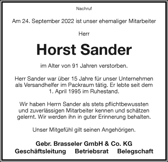 Anzeige  Horst Sander  Lippische Landes-Zeitung