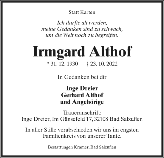 Anzeige  Irmgard Althof  Lippische Landes-Zeitung