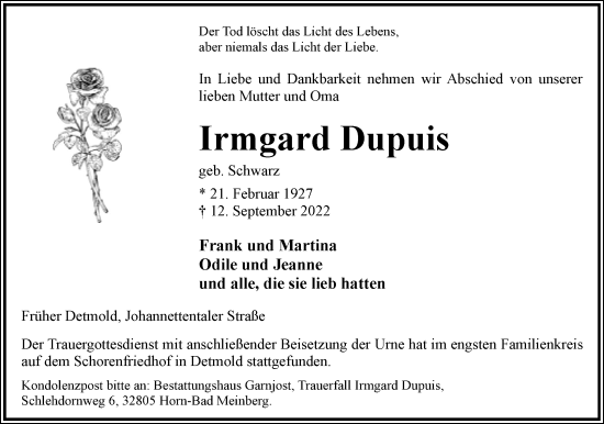 Anzeige  Irmgard Dupuis  Lippische Landes-Zeitung
