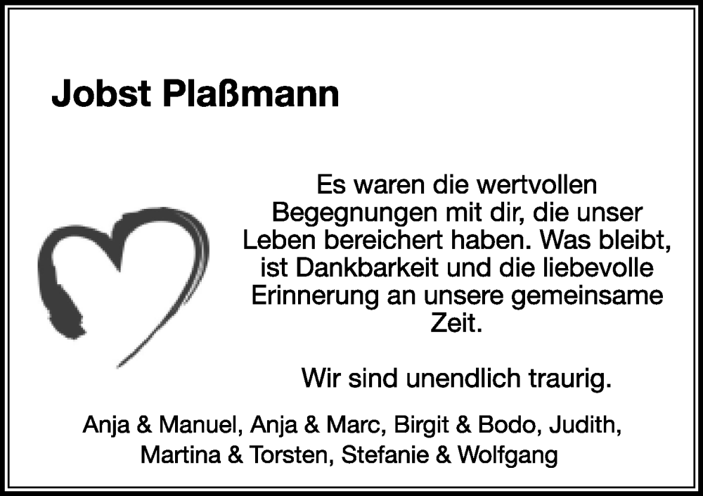  Traueranzeige für Jobst Plaßmann vom 01.10.2022 aus Lippische Landes-Zeitung