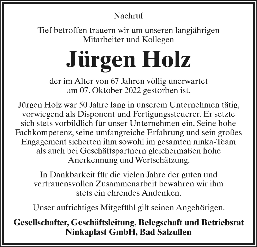  Traueranzeige für Jürgen Holz vom 15.10.2022 aus Lippische Landes-Zeitung