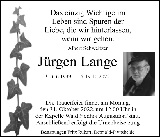Anzeige  Jürgen Lange  Lippische Landes-Zeitung