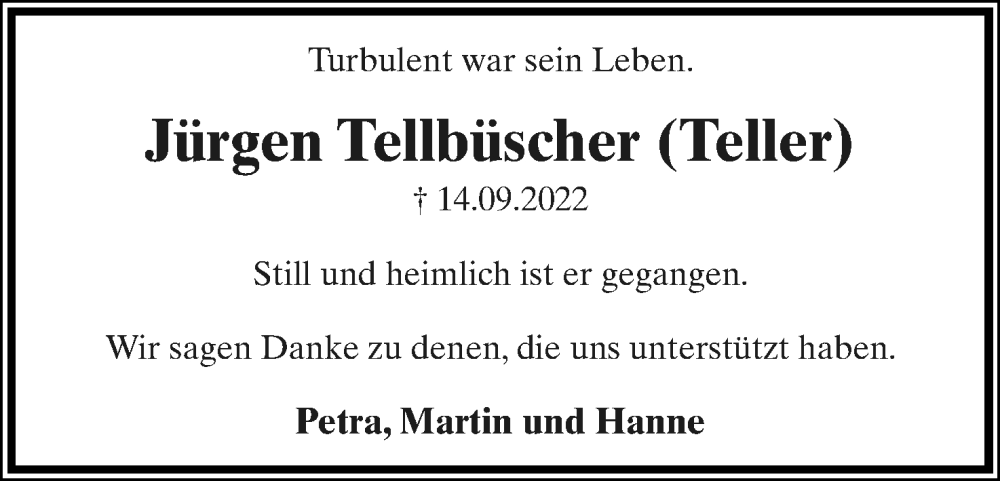  Traueranzeige für Jürgen Tellbüscher vom 01.10.2022 aus Lippische Landes-Zeitung