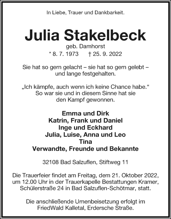 Anzeige  Julia Stakelbeck  Lippische Landes-Zeitung