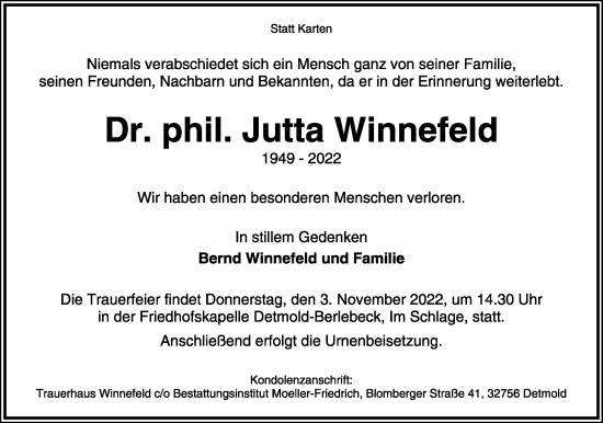 Anzeige  Jutta Winnefeld  Lippische Landes-Zeitung