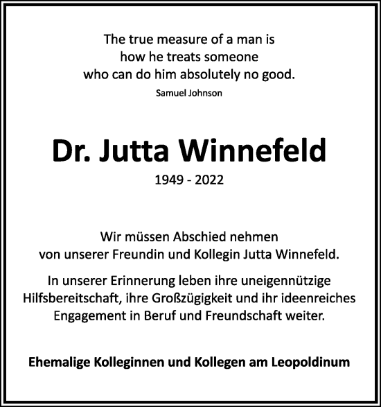 Anzeige  Jutta Winnefeld  Lippische Landes-Zeitung