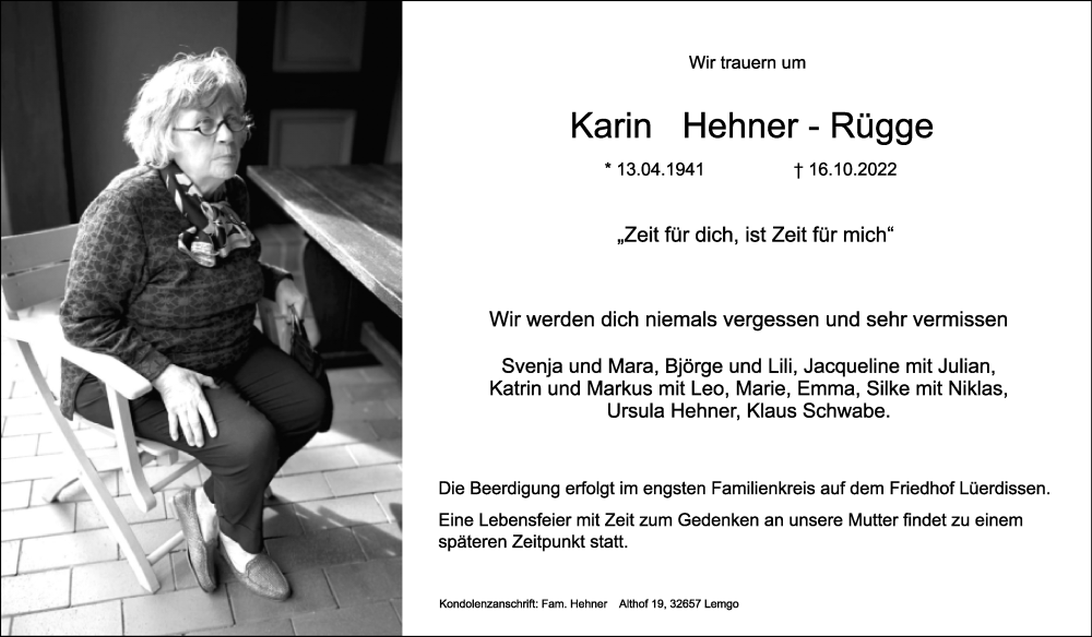  Traueranzeige für Karin Hehner-Rügge vom 22.10.2022 aus Lippische Landes-Zeitung