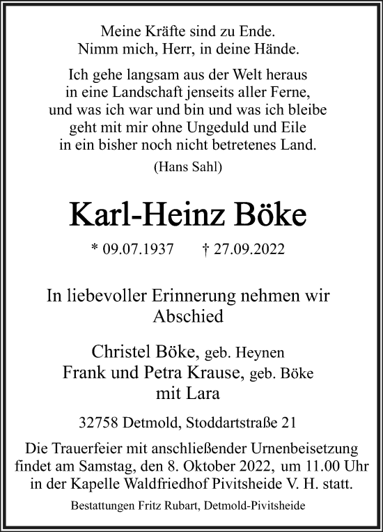 Anzeige  Karl-Heinz Böke  Lippische Landes-Zeitung