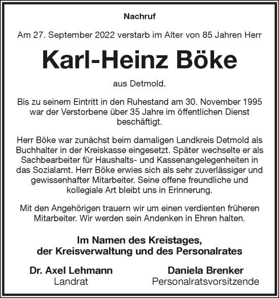 Anzeige  Karl-Heinz Böke  Lippische Landes-Zeitung