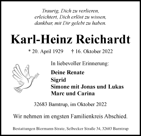 Anzeige  Karl-Heinz Reichardt  Lippische Landes-Zeitung