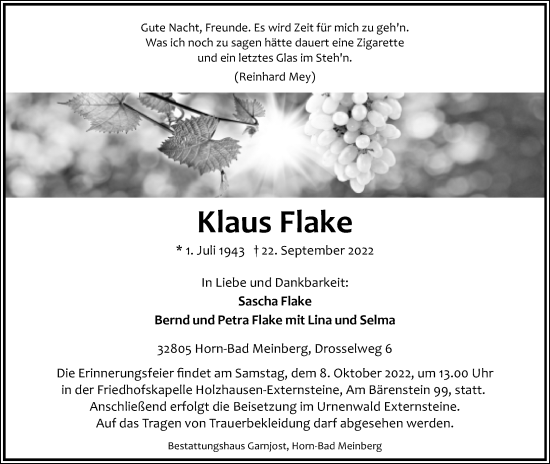 Anzeige  Klaus Flake  Lippische Landes-Zeitung