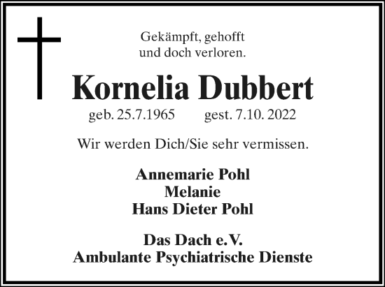 Anzeige  Kornelia Dubbert  Lippische Landes-Zeitung