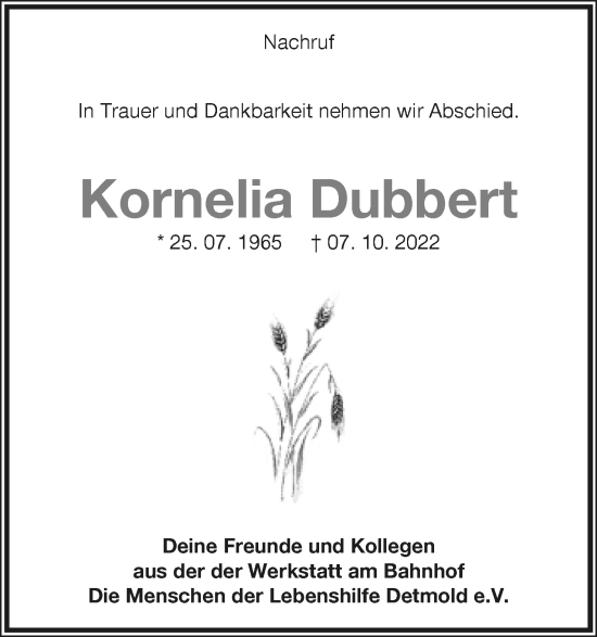 Anzeige  Kornelia Dubbert  Lippische Landes-Zeitung
