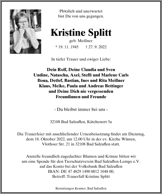 Anzeige  Kristine Splitt  Lippische Landes-Zeitung