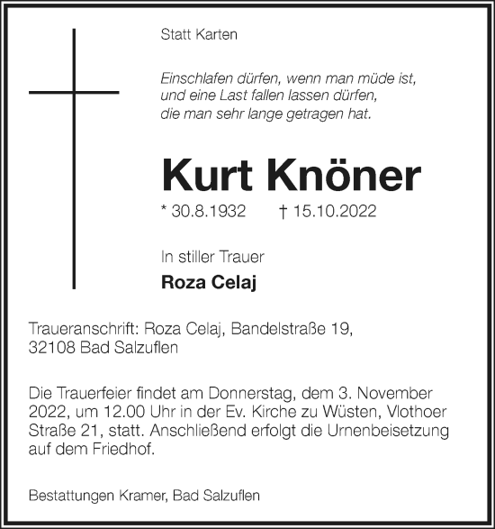 Anzeige  Kurt Knöner  Lippische Landes-Zeitung