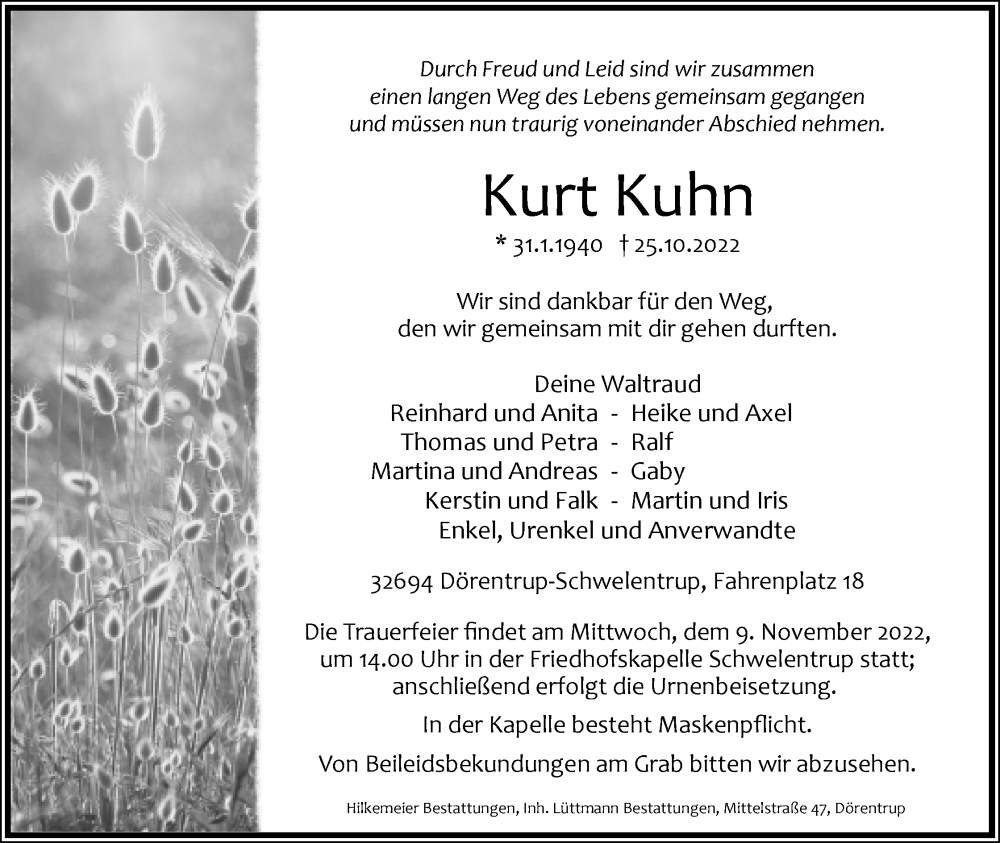  Traueranzeige für Kurt Kuhn vom 29.10.2022 aus Lippische Landes-Zeitung