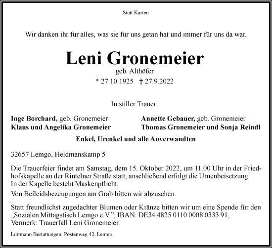 Anzeige  Leni Gronemeier  Lippische Landes-Zeitung