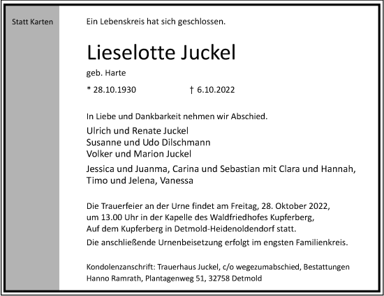 Anzeige  Lieselotte Juckel  Lippische Landes-Zeitung