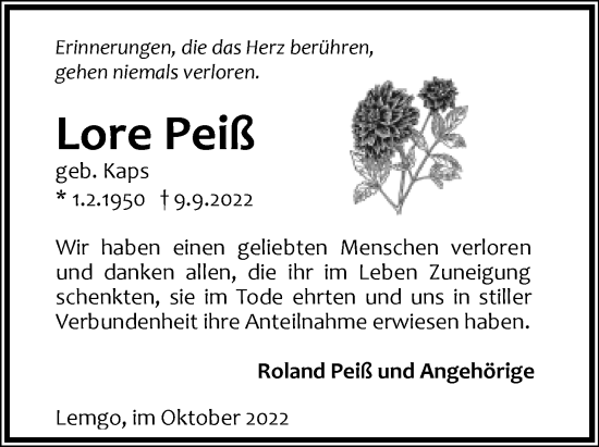 Anzeige  Lore Peiß  Lippische Landes-Zeitung