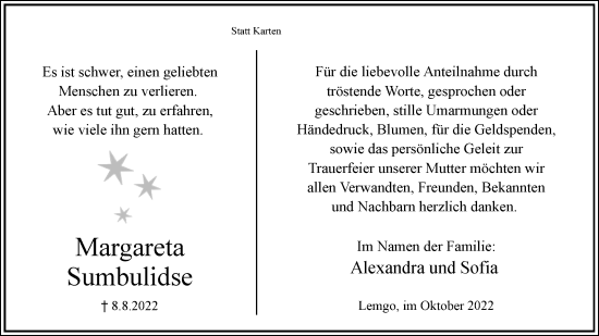 Anzeige  Margareta Sumbulidse  Lippische Landes-Zeitung