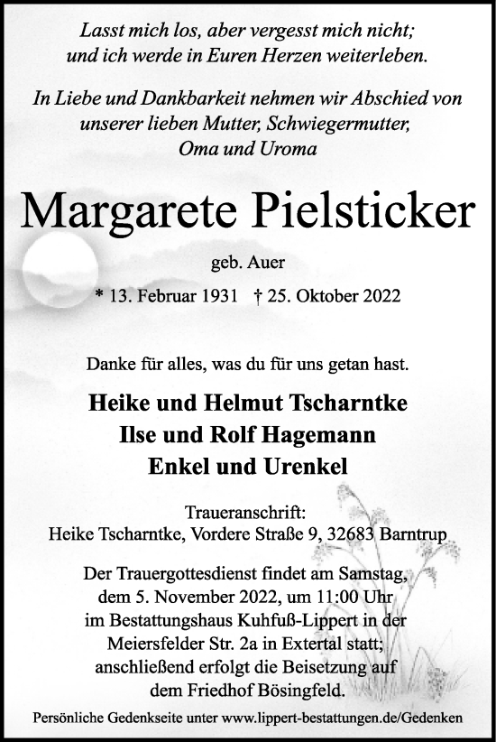 Anzeige  Margarete Pielsticker  Lippische Landes-Zeitung