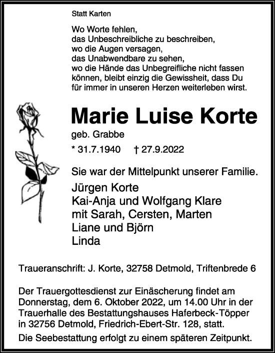 Anzeige  Marie Luise Korte  Lippische Landes-Zeitung