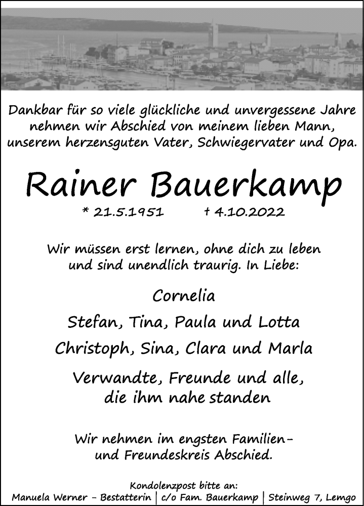 Traueranzeige für Rainer Bauerkamp vom 08.10.2022 aus Lippische Landes-Zeitung