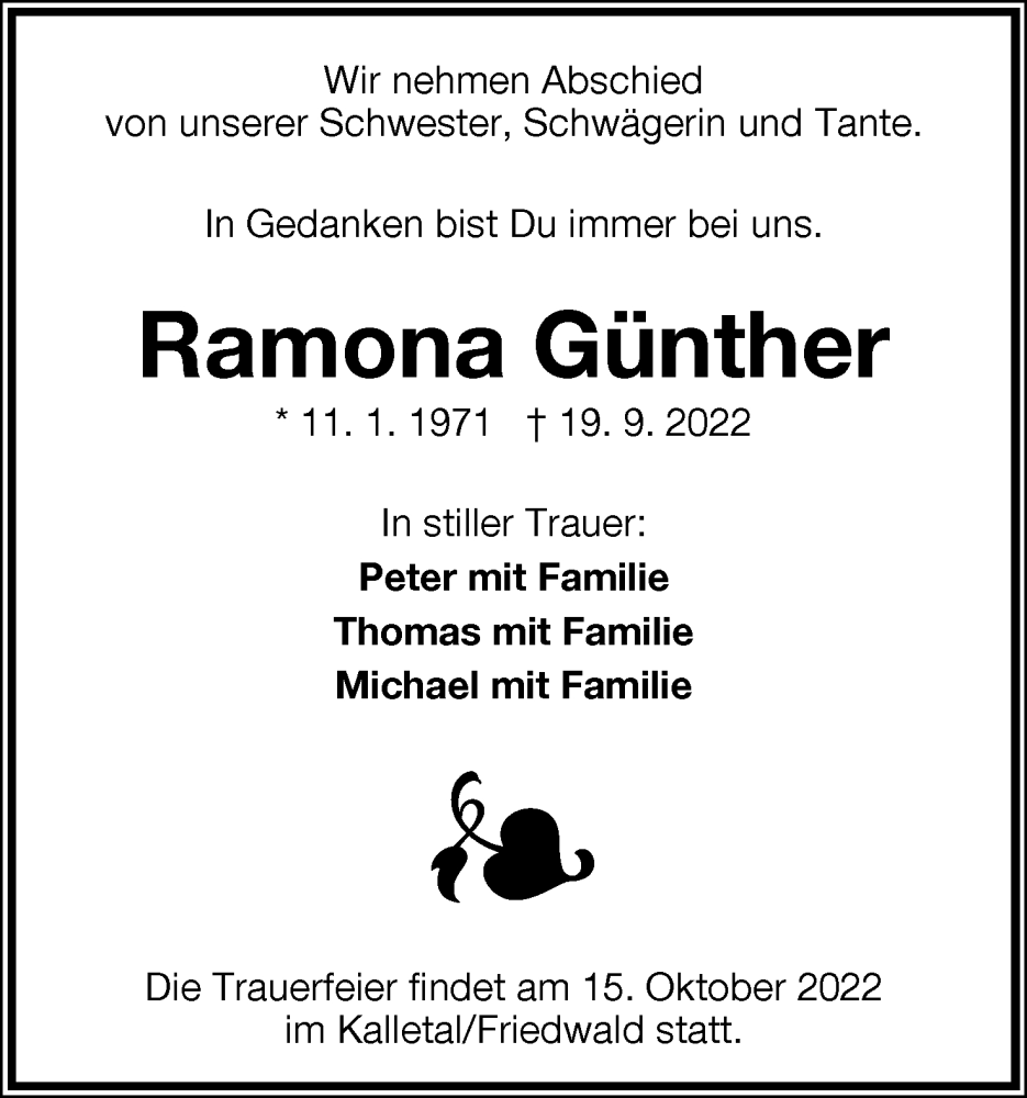  Traueranzeige für Ramona Günther vom 01.10.2022 aus Lippische Landes-Zeitung