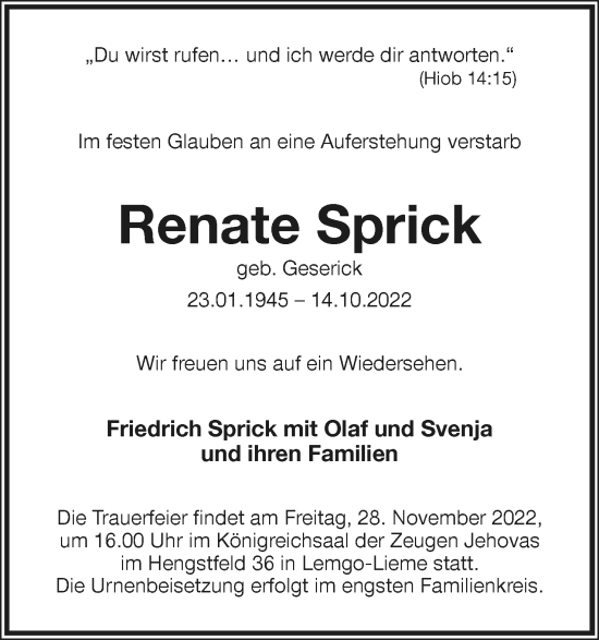 Anzeige  Renate Sprick  Lippische Landes-Zeitung