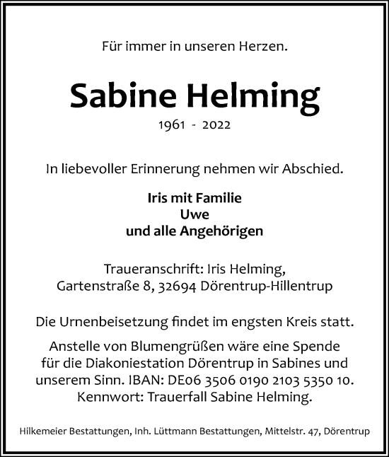 Anzeige  Sabine Helming  Lippische Landes-Zeitung