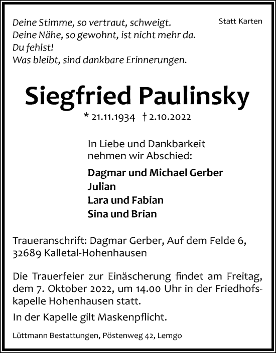 Anzeige  Siegfried Paulinsky  Lippische Landes-Zeitung
