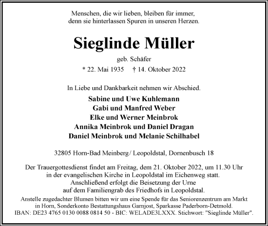 Anzeige  Sieglinde Müller  Lippische Landes-Zeitung