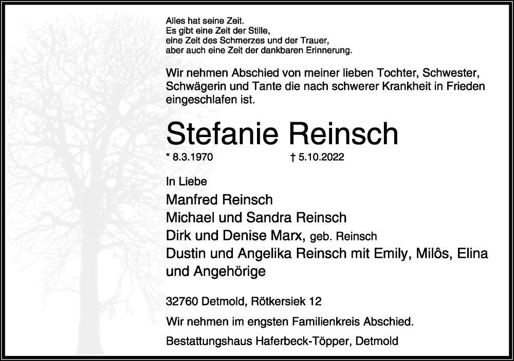  Traueranzeige für Stefanie Reinsch vom 08.10.2022 aus Lippische Landes-Zeitung