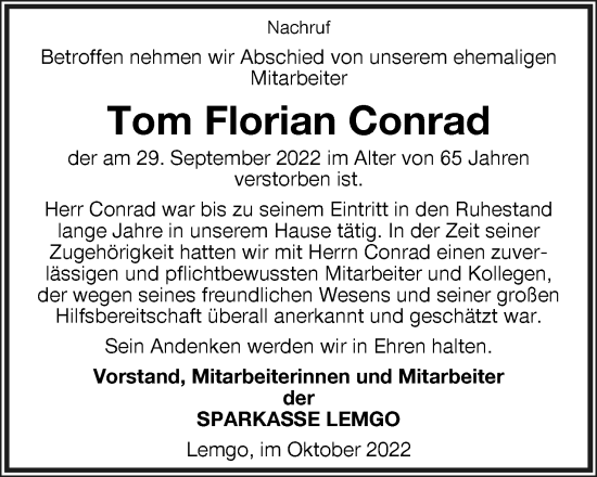 Anzeige  Tom Florian Conrad  Lippische Landes-Zeitung
