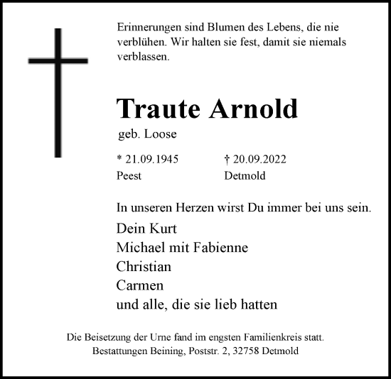 Anzeige  Traute Arnold  Lippische Landes-Zeitung