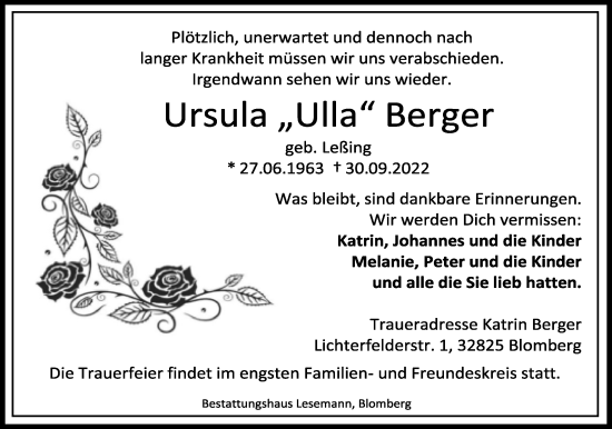 Anzeige  Ursula Berger  Lippische Landes-Zeitung
