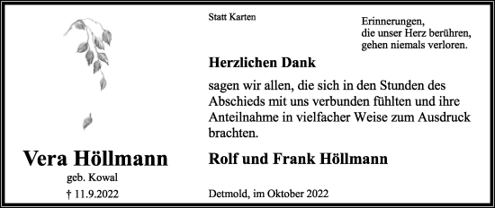 Anzeige  Vera Höllmann  Lippische Landes-Zeitung