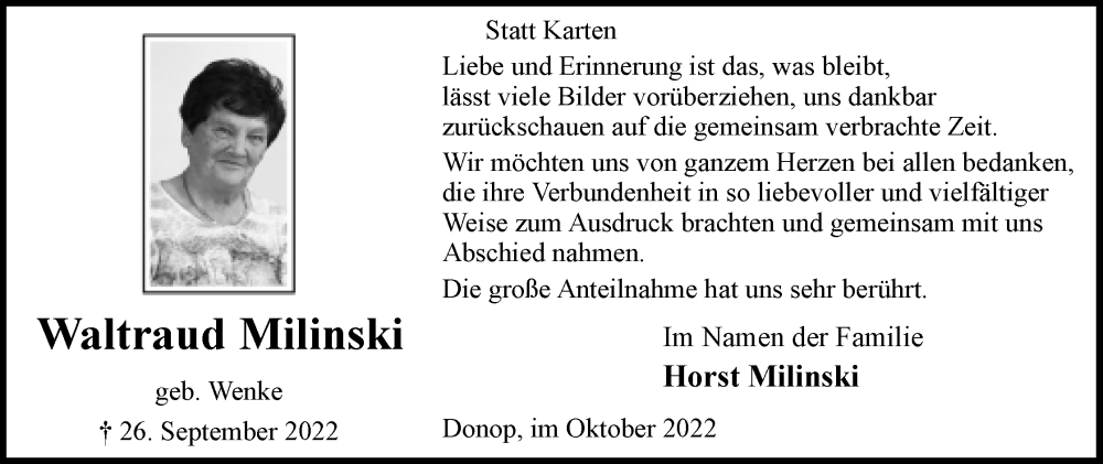  Traueranzeige für Waltraud Milinski vom 29.10.2022 aus Lippische Landes-Zeitung